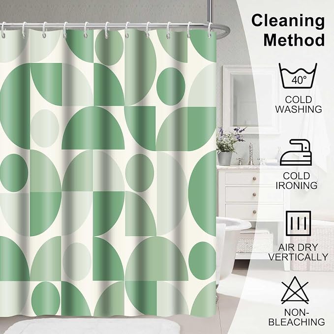 Vintage Green Mid Century Modern Shower Curtain Boho Abstract Geometric Art Shower Curtains for Bathroom Decor 72x72 Inch Colorful Unique Pattern Washable Fabric Bathroom Set with 12 Hooks