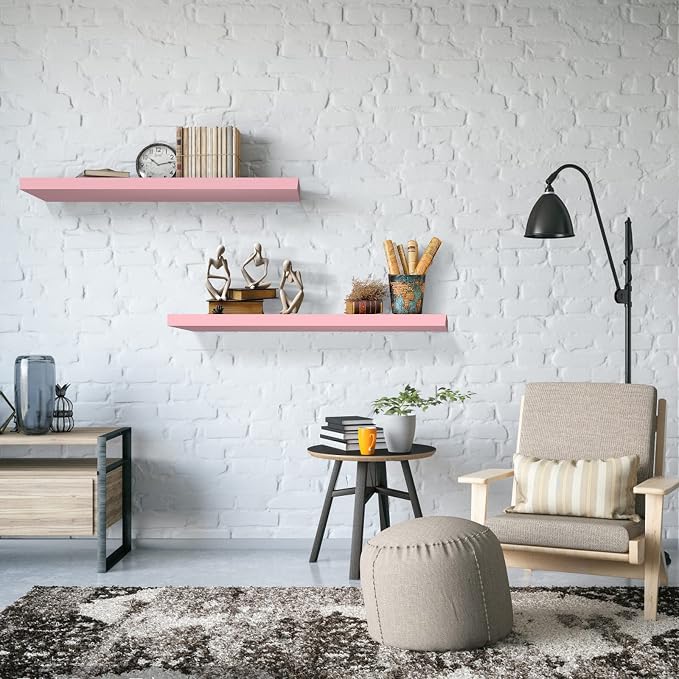 SAUMONIERES 24 Inch Floating Wall Shelves for Bedroom Bathroom Wall Mounted Solid Wood Shelf Storage Decor Set of 2, Pink Floating Shelves