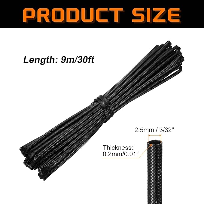 MECCANIXITY 30ft Braided Cable Sleeve, 3/32" ID 200C High Temperature 1500V Fiberglass Wire Insulation Cord Protector Organizer Wires Management for Motor Engine Fuel Line, Black