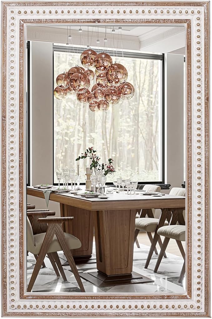 35x23 Inch Boho Wooden Rectangle Mirror for Bathroom, Rustic Farmhouse Decorative Wall Mirrors for Bedroom, Living Room, Entryway - Vertical or Horizontal Hanging