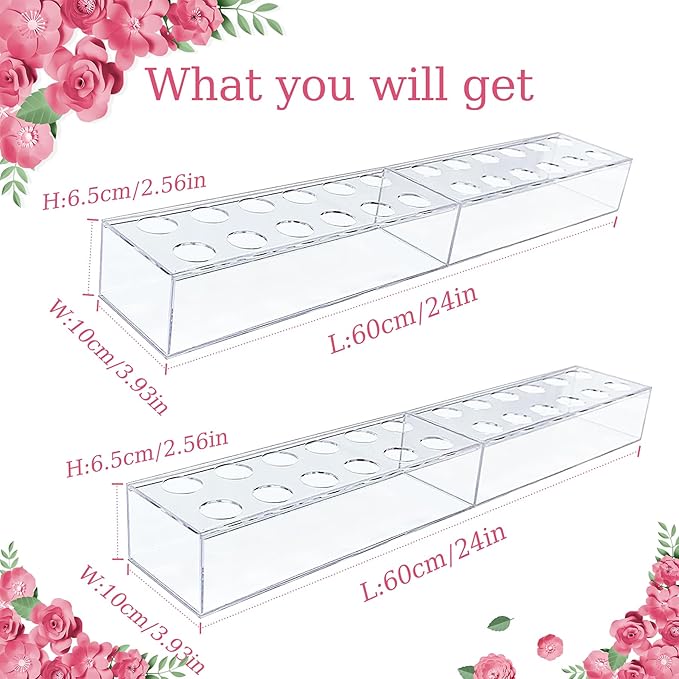 4Pcs Acrylic Flower Vase with 12Holes Clear Acrylic Modern Vases Rectangular Floral Centerpiece for Dining Table Low Decoration Vase for Christmas Party Decorations (Clear（4pcs Total 48‘’ 120cm）)
