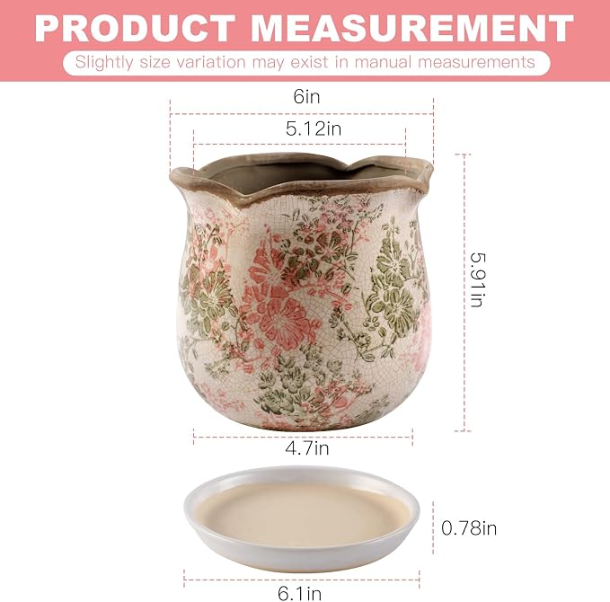 Ceramic-Planters-for-Indoor-Plants with Saucer, 6 inch Vintage Ice Crackle Glaze Plant Pots with Drainage Holes, Decorative Flower Pots for Outdoor Garden Home Decor, Tuscan Pot for Plant