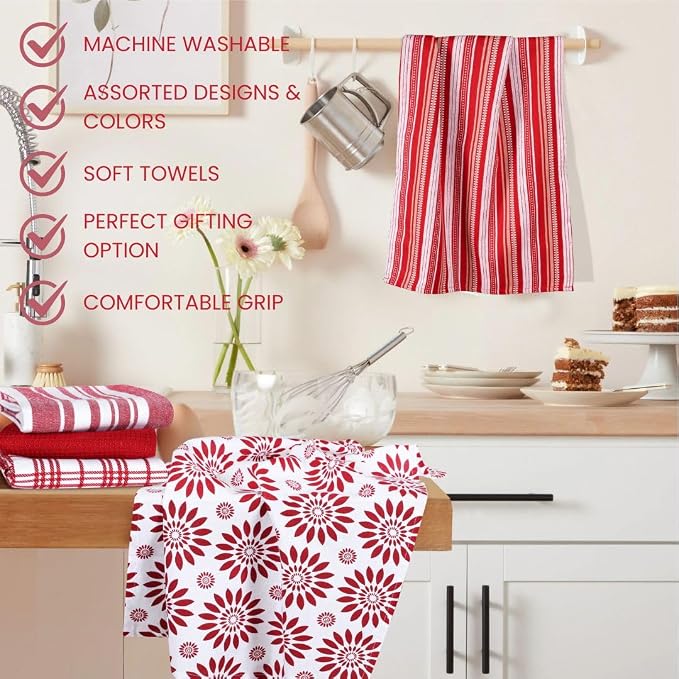 Assorted Kitchen Towels Large 16x26 inches 100% Cotton Set of 5 - Soft Absorbent Washable Tea Towel for Kitchen - Dish Cloths with Hanging Loop - Quick Drying Dish Towels Red