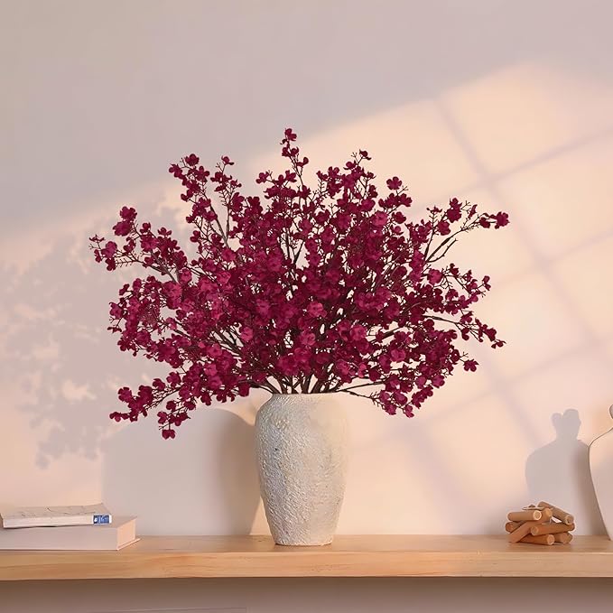 Yastouay Fake Fall Flowers Real Touch Silk Flowers, 10Pcs Fall Burgundy Artificial Flowers for Decorations, Babys Breath Artificial Flowers Bulk for Thanksgiving Fall Decor Floral Arrangement