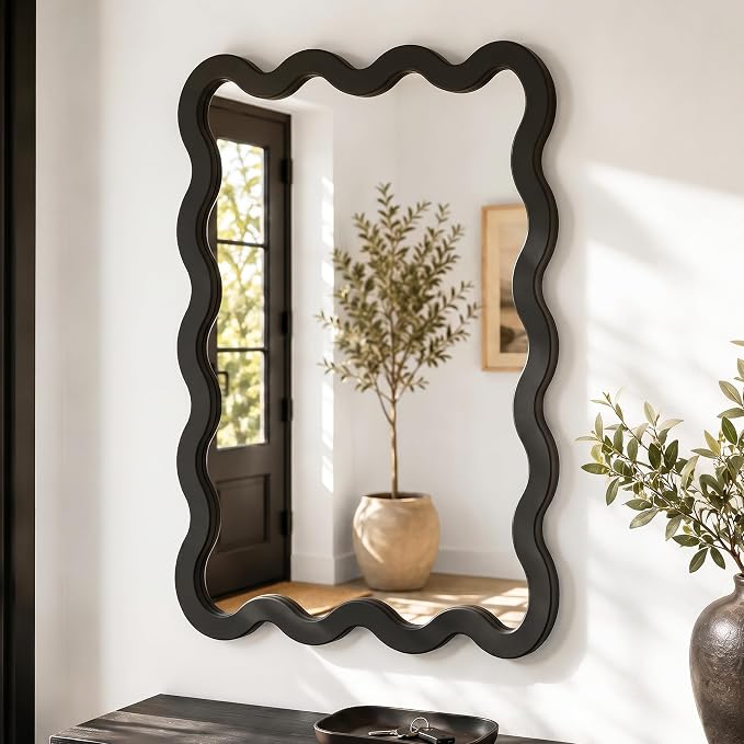 22"x30" Matte Black Wavy Wall Mirror for Powder Room & Vanity, Solid Wood Squiggle Mirror, Small Asymmetrical Irregular Mirror, Funky Aesthetic Decor, Vertical/Horizontal