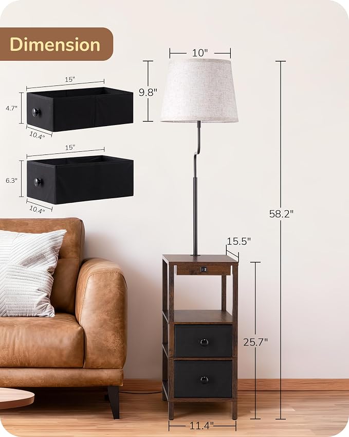 EDISHINE Floor Lamps for Living Room, 3000K-6500K Dimmable Floor Lamp with Table, USB-A+Type-C Charging Port, Table with Lamp Attached for Bedroom, Den, Office, Fire-Burned Wood Color