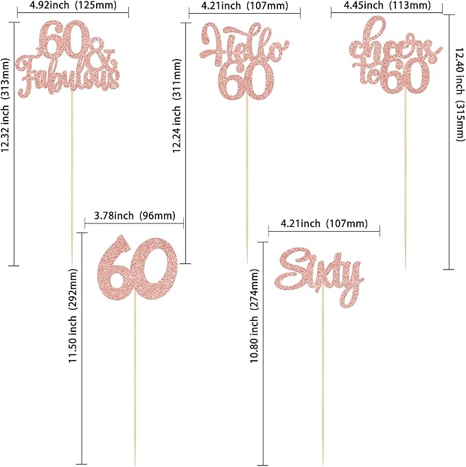 Gyufise 15Pcs 60th Birthday Centerpiece Sticks Sixty Happy 60th Table Flower Centerpieces Sticks Cheers to 60 Floral Decorations for 60th Birthday Party Centerpieces Supplies Rose Gold