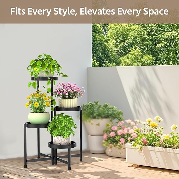 LASZOLA 4 Tiered Plant Stand Indoor Outdoor with Plastic Tray, Corner Folding Tall Flower Display Rack, Modern Plant Holder Shelf for Outdoor Patio Porch Garden Office Living Room, Black