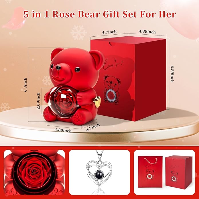 HITOP Rose Gifts for Women - Cute Teddy Bear with Preserved Real Roses Forever Flowers and I Love You in 100 Languages Necklace for Girlfriend Her Wife Mom Grandma on Birthdays, Anniversaries