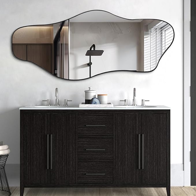 Large Irregular Mirror, 54.5"x24" Asymmetrical Tempered Glass Mirror, Modern Organic Shaped Wall Mirrors for Entryway Bedroom Living Room Bathroom, Horizontal or Vertical Hanging