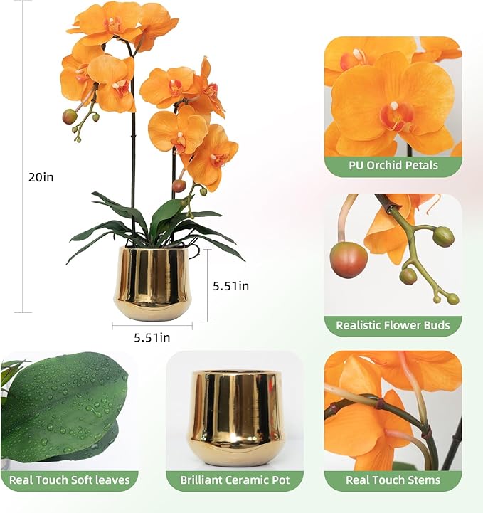 CXGS Orchids Artificial Flowers Realistic Fake Flowers in Ceramic Pot 20" Orange Lifelike Faux Floral Arrangement Soft PU Phalaenopsis for Home Hotel Indoor Decor, Centerpiece Display