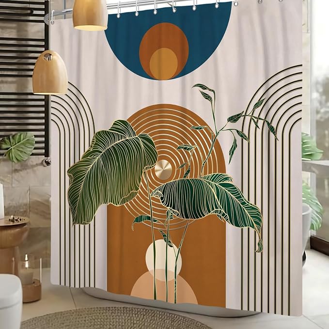 Boho Shower Curtain for Bathroom Modern Mid Century Plant Palm Leaves Bath Curtain Modern Minimalist Geometric Arch Bath Decor Waterproof Polyester Fabric Curtains Set 72x84 inch
