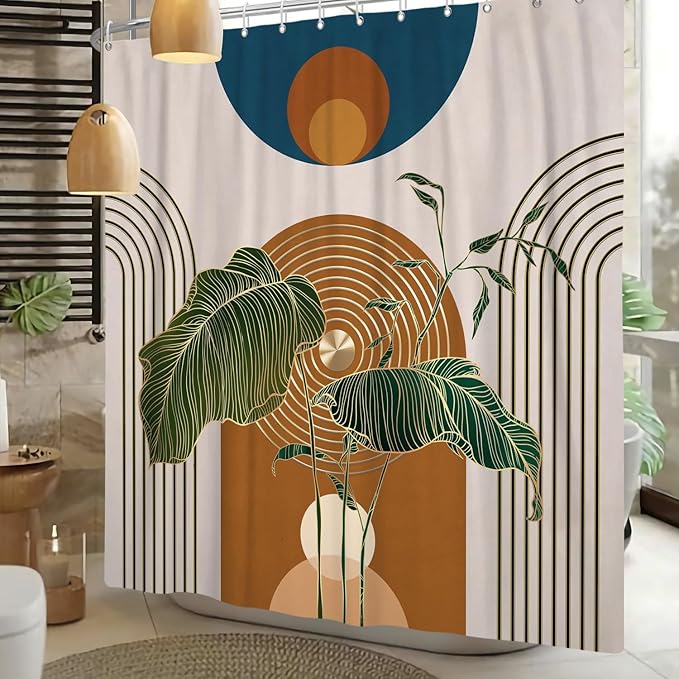 Boho Shower Curtain for Bathroom Modern Mid Century Plant Palm Leaves Bath Curtain Modern Minimalist Geometric Arch Bath Decor Waterproof Polyester Fabric Curtains Set 48x72 inch