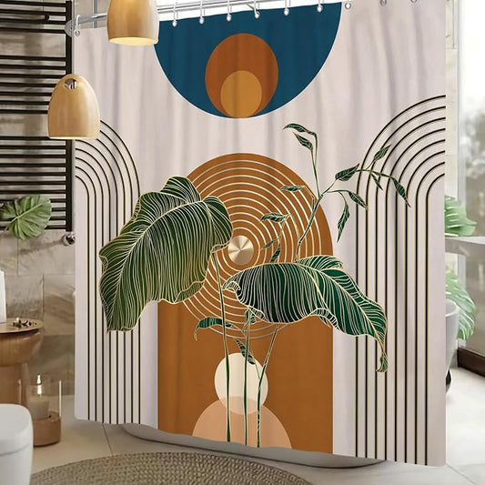 Boho Shower Curtain for Bathroom Modern Mid Century Plant Palm Leaves Bath Curtain Modern Minimalist Geometric Arch Bath Decor Waterproof Polyester Fabric Curtains Set 60x72 inch