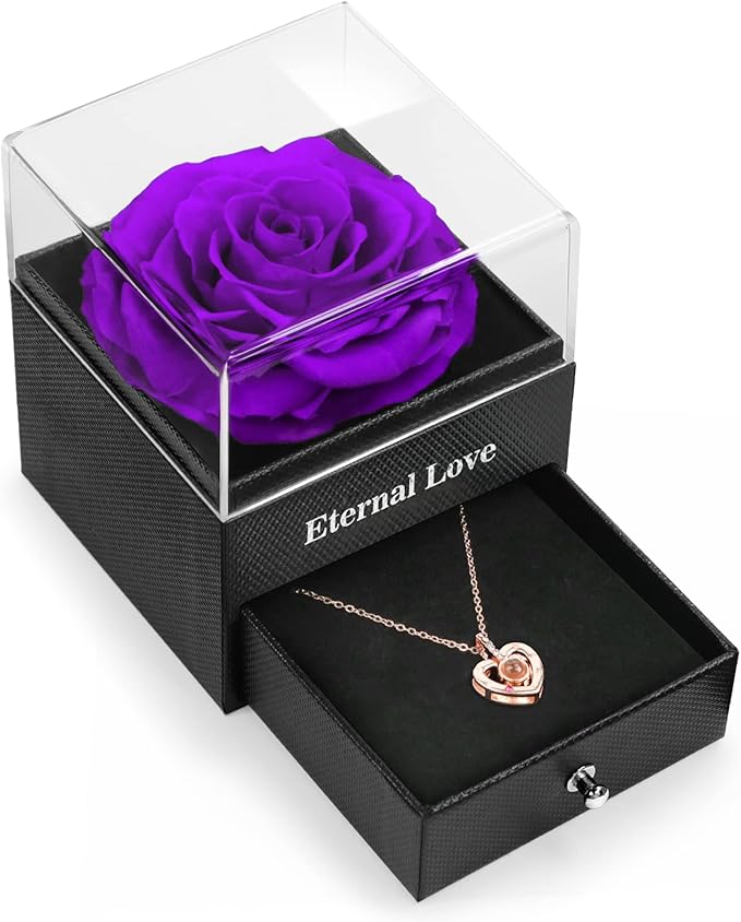 for Mom Preserved Real Rose with I Love You Necklace in 100 Language Gift for Her, Mom Girlfriend Women,Wife, Eternal Real Rose Flower for Birthday Anniversaries