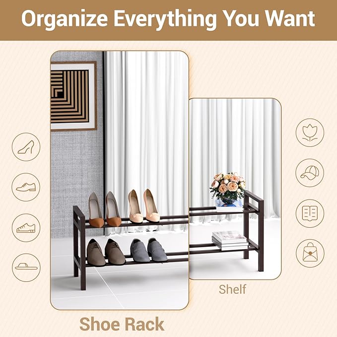 Haddockway Bamboo Shoe Rack for Closet, Free Standing Shoe Organizer with Smooth Round Rods & Convenient Handles, Stackable Shoe Storage Shelf for Entryway, Hallway(Brown, 2-Tier)