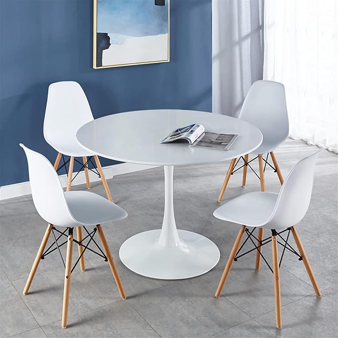 5-Piece Round Dining Table Set,42" Mid-Century Modern Kitchen Table with 4 Chairs,Tulip Pedestal Table & Solid Wood Legs,Space Saving Compact Furniture for Small Spaces Apartment Home,White