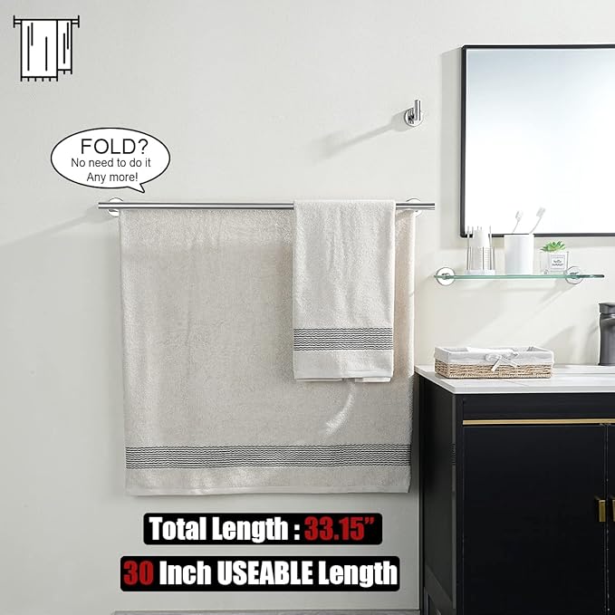 JQK Double Bath Towel Bar, 33 Inch 304 Stainless Steel Thicken 0.8mm Towel Rack for Bathroom, Towel Holder Polished Chrome Wall Mount, Useable Length 30 Inch 2 Pack, TB100L30-CH-P2