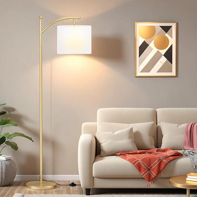 Ambimall 60" Floor Lamp for Living Room with 3 Color Temperatures, Adjustable White Shade with Gold Pole, Tall Lamp for Bedroom Office Classroom Dorm Room, 9W LED Bulb Included