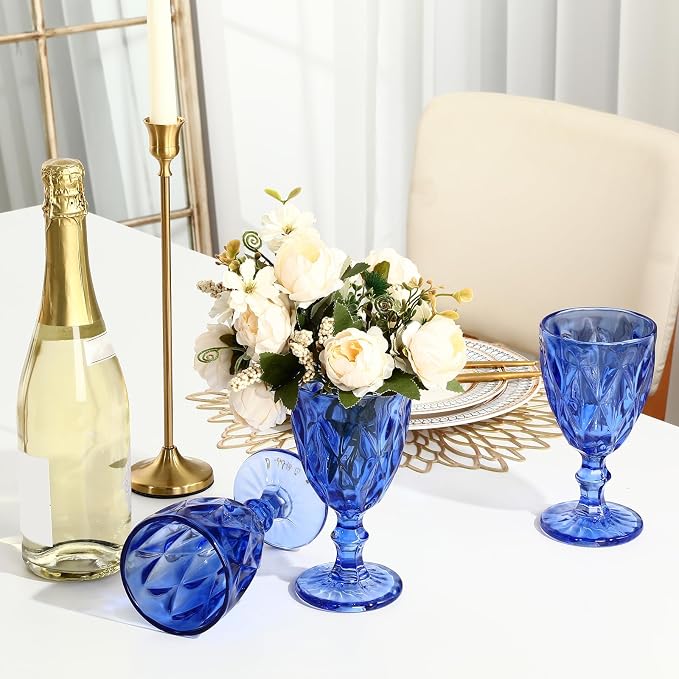 Yinder Glass Goblet Vintage Wine Goblet Embossed Glassware 10 oz Solid Color Glass Stemmed Cups for Iced Tea Beverage Soda Juice Water Liquor and Party Wedding Bars Restaurants (Blue,12 Pack)