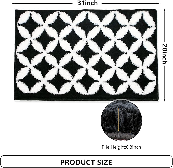 Civkor Black and White Bathroom Rug Non Slip Washable, Tufted Bath Mat for Bathroom with TPR Backing, Quick Dry Fluffy Microfiber Piles, Super Water Absorbent Thin Bath Rug Fit Under Door, 31x20Inch