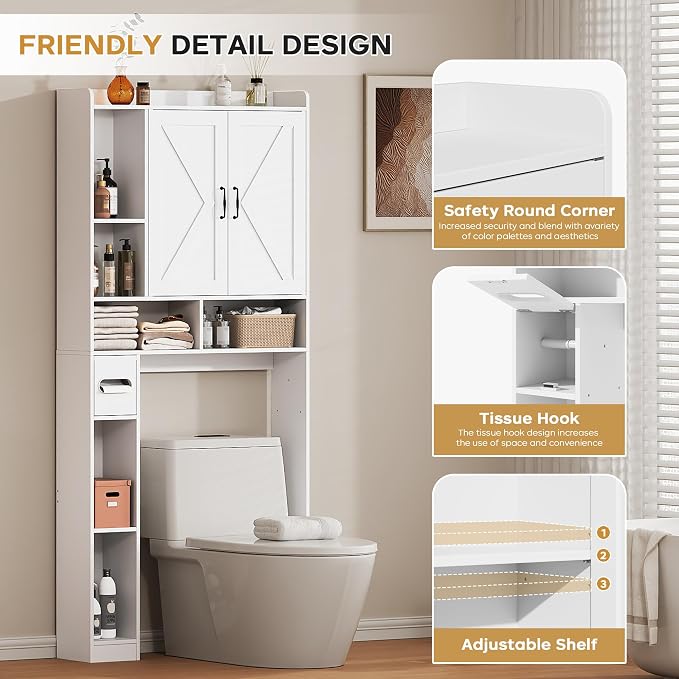 Over the Toilet Storage Cabinet, 31”W Bathroom Organizer with Double Doors, Above Toilet Rack, Detachable Toilet Paper Holder for Bathroom & Laundry Room White