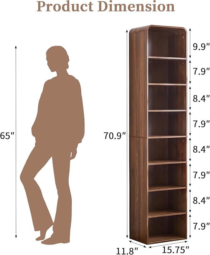 Tall Narrow Curved Bookshelf, 8-Tier Skinny Arch Bookcase for Small Space, Freestanding Storage Organizer with Adjustable Shelves, Open Display Shelves for Living Room, Entryway Bathroom (Walnut)