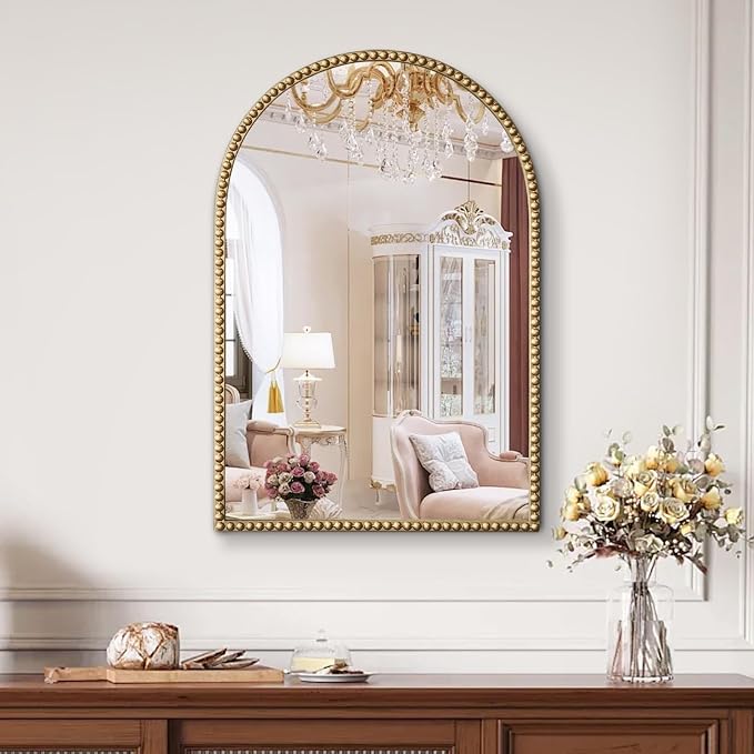 Arched Gold Wall Mirror Antique Beaded Frame Bathroom Wall Mirror Baroque Vanity Mirror Decorative Mirrors for Living Room,Bedroom