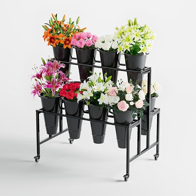 Zhongma Flower Bar Stand Display shelf with Black Buckets for Fresh and Diy flowers Bouquet Rack Organizer Heavy Duty Flower Bucket Stand with Wheels