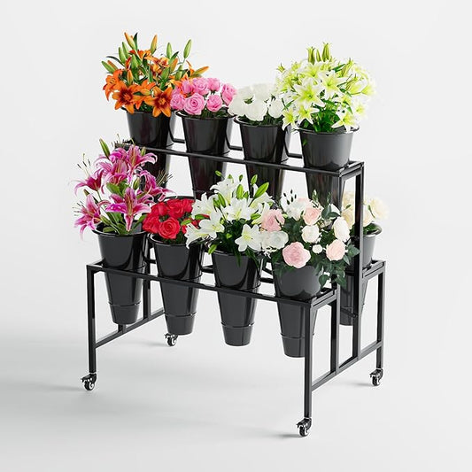 Zhongma Flower Bar Stand Display shelf with Black Buckets for Fresh and Diy flowers Bouquet Rack Organizer Heavy Duty Flower Bucket Stand with Wheels