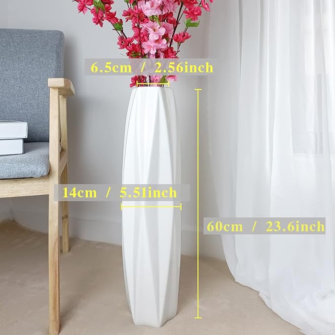 Large Ceramic Floor Vase for Flowers, 24 Inches Tall White Vases for Pampas Grass, Office, Home,Farmhouse,Living Room Décor,Simple Origami Design Decorative Porcelain Flower Vase Ideal Gift