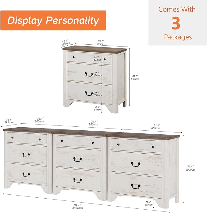 WAMPAT 9 Drawers Dresser for Bedroom, 94.5” W Farmhouse White Dresser with Wide Chest of Drawers for Bedroom, Living Room, Closet, Hallway, Office,White