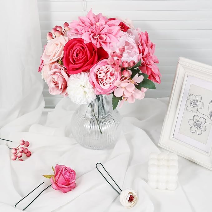 Artificial Flower Box Set – Faux Floral Bouquet for Party&Table Centerpieces, Realistic Pink Flowers Artificial for Home & Wedding Decoration,Bulk Fake Flowers with Stems