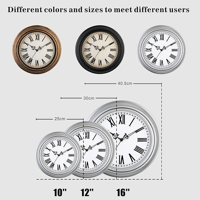 Plumeet Small Retro Wall Clock, 10'' Non Ticking Classic Silent Vintage Wall Clocks Decorative Kitchen Living Room Bedroom, Roman Numerals, Battery Operated, Silver, EM-8050-SL10