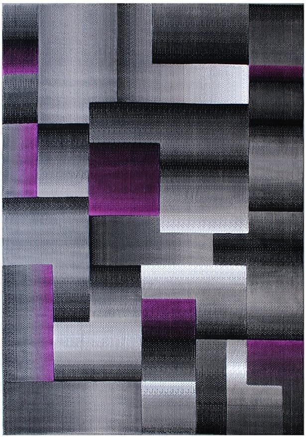 HR 5’ x 7’ Rug in Purple - Premium Quality Purple/Black/Gray Abstract Geometric Modern Squares Pattern Area Rug - Contemporary Styling for Living Room, Bedroom - Unique Home Decor