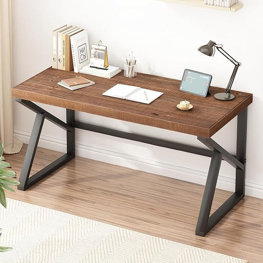 IBF Solid Real Wood 55 Inch Computer Desk, Rustic Writing Study Table for Student, Natural Wooden and Metal Gaming Home Office Desk, Farmhouse Industrial Modern Executive Work Desk Workstation, Brown