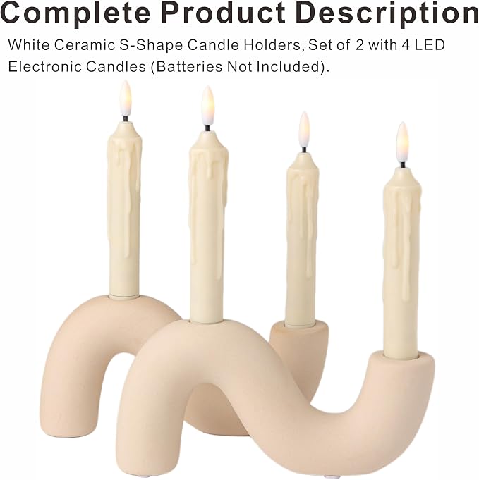 2-Pack White Ceramic Candle Holder Set, Modern Taper Candlestick for Table Living Room Wedding – Includes 4 LED Candles