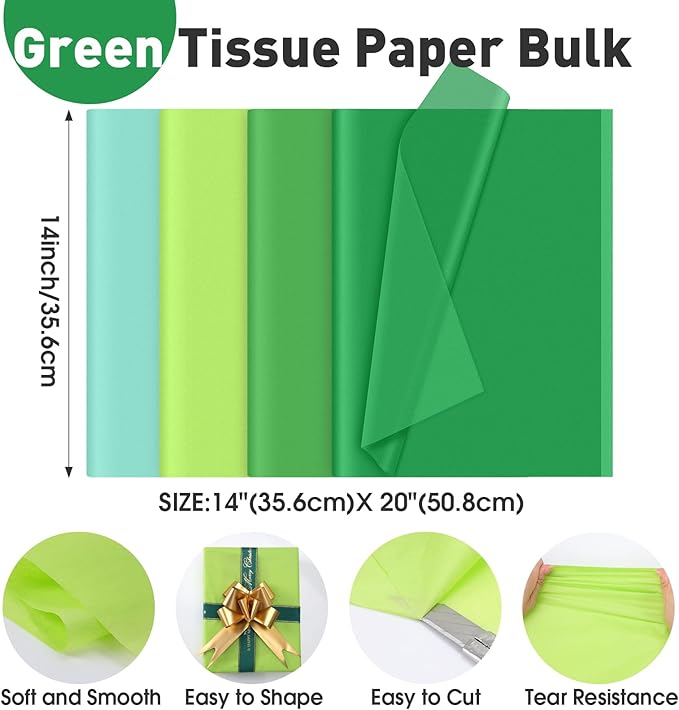 TUXIYA 200 Sheets Green Tissue Papers for Gift Bags,14 X 20Inch Mixed Green Wrapping Tissue Paper Bulk for St. Patrick’s Day,Birthday Party Flower Decoration, Colored Tissue Paper Bulk for Packaging