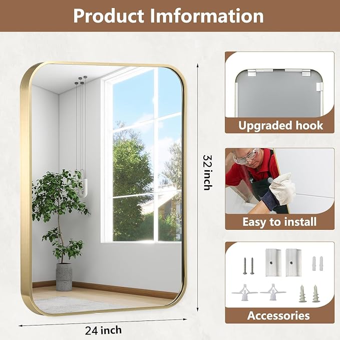 24x32 Inch Gold Bathroom Mirror, Brushed Gold Metal Framed Rectangular Mirror with Rounded Corner, Bathroom Vanity Mirror for Bedroom or Living Room, Horizontal/Vertical