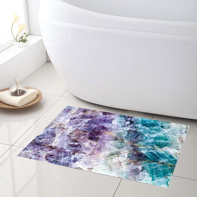 LB Purple Marble Bathroom Rug Abstract Geometric Non Slip Bath Mat Teal Crystal Mineral Doormat Memory Foam Super Absorbent Floor Mats,24x16 Inch