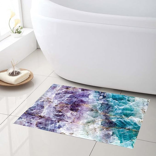 LB Purple Marble Bathroom Rug Abstract Geometric Non Slip Bath Mat Teal Crystal Mineral Doormat Memory Foam Super Absorbent Floor Mats,24x16 Inch