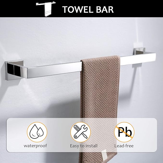 Bathroom Hardware Accessories Set Polished Chrome Towel Bar Sets Include Towel Bar Towel Holder Toilet Paper Holder Towel Hook,5 Pieces Stainless Steel Wall Mounted