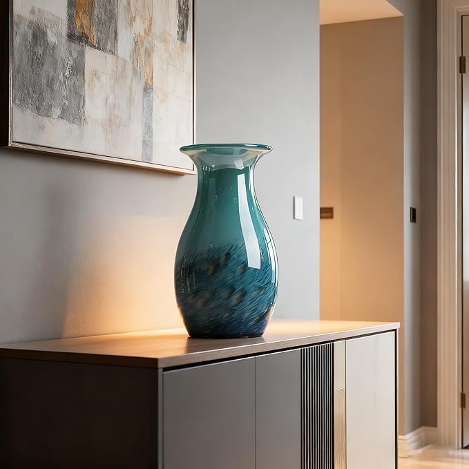 11.4" Tall Teal Glass Vase for Flowers, Hand Blown Gradient Decorative Vase for Home Decor, Centerpiece, Dining Table, Shelf, Mantel, Bathroom, Entryway, Countertop, Gift for Friends