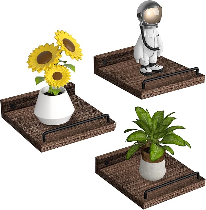 RYOFOBETTO Small Floating Shelf, 6X6 Inches Farmhouse Wall Shelves for Living Room, Bedroom, Picture Frames, Plants, Kitchen, Set of 3 (Brown)