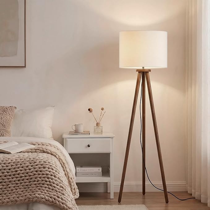 Buruis 60.6" Solid Wood Tripod Floor Lamp with 15.7" Large Linen Shade, Mid-Century Walnut Finish Standing Lamp for Living Room, Bedroom, Office, Corner, UL Listed, Bulb Not Included, Cream