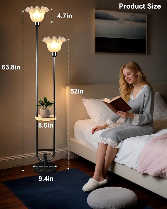 Flower Floor Lamps with Table, 2-Lights Floral Floor Lamp Dimmable, 3000K Warmwhite Modern Floor Lamp, Vintage Black Standing Lamp with 5Lbs Heavy Base for Living Room Bedroom Girls Room
