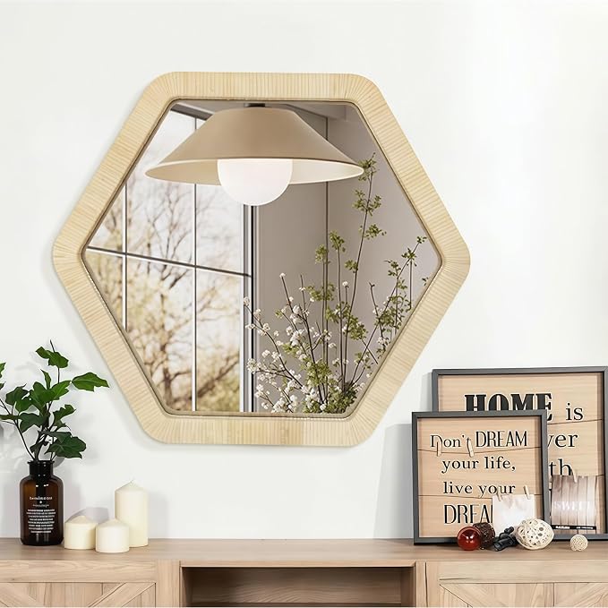 ULIKE Rattan Wicker Mirror for Wall,Boho Woven Bathroom 30 Inch Rustic Farmhouse Wall Decor with Handmade Rattan Frame, Boho Mirror for Nursery Bedroom Living Room Entryway