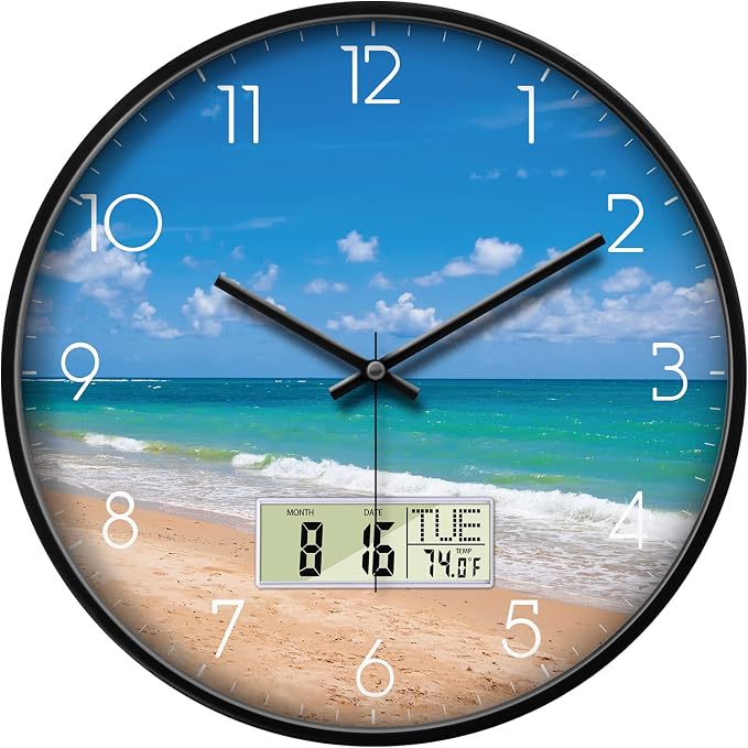 Coastal Beach Wall Clock, 12 Inch Silent Non-Ticking Battery Operated Analog Clock with LCD Date Day Temp Display, Decorative for Living Room, Bedroom, Kitchen, Beach House, Coastal Homes