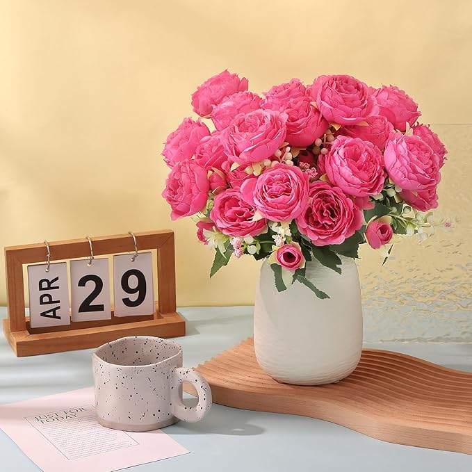 8 Pack Hot Pink Peonies Artificial Flowers, Fake Silk Hydrangea Bouquet for Bridal Wedding Home Table Decor Reusable Dining Opening Ceremony Birthday Arrangement Faux Floral