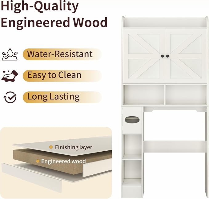 Vipbear Over The Toilet Storage Cabinet, 32.3” W Farmhouse Bathroom Storage Cabinet Above Toilet with Toilet Paper Holder and Barn Doors, Freestanding Restroom Organizer Space Saving Rack, White